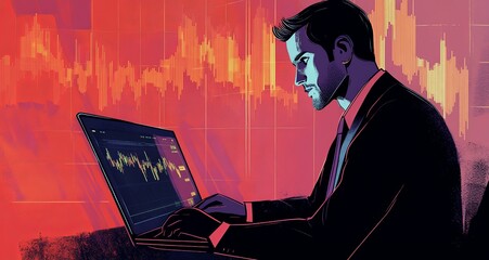 Illustrate a businessman in a suit using a laptop, with a large digital display showing a market graph in decline. Ensure the image has a clean and professional look with ample copy space.