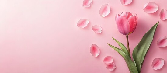 Poster - Pink tulip with petals set against a pink background Flat lay top view Valentine s romantic love Easter spring concept. with copy space image. Place for adding text or design