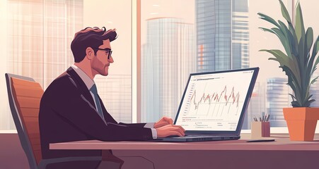 Wall Mural - Depict a businessman deeply engaged with his laptop in a professional office, with a large display showing a graph of market decline. Make sure to include ample empty space around the primary