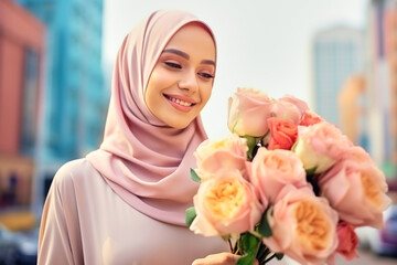 Portrait of a beautiful satisfied cheerful smiling young muslim woman in a hijab with a bouquet of roses outdoors, happy 8 march day