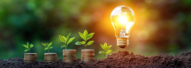  A light bulb glowing over stacks of coins with green plants growing out, symbolizing energy security and financial growth in the world of renewable energy business. 