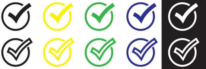 Wall Mural - five color tick. green, white, yellow, blue, and black check mark. tick symbol, icon, sign in green,