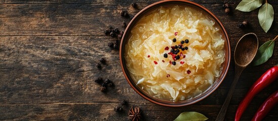 Fototapete - Sauerkraut soup in a bowl accompanied by black fried red pepper and bay leaves Captured from above on rustic wood Copy space