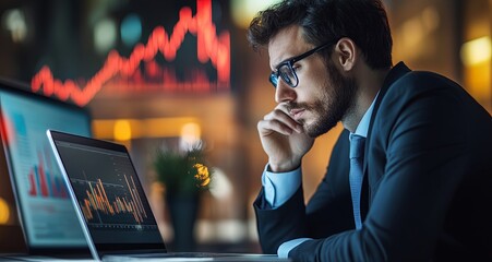 Wall Mural - Design an image of a businessman focused on his laptop, with a background showing a market graph in decline. Make sure the composition includes plenty of copy space for various applications.