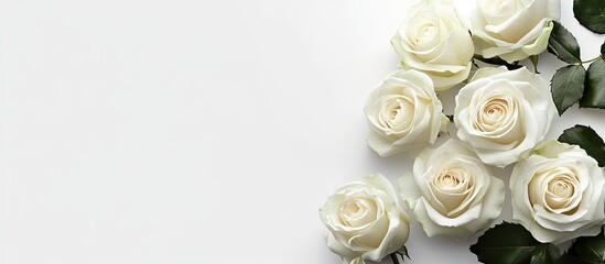 Fototapete - White Rose A bunch of delicate roses against a white backdrop Space for text A romantic setting for spring celebrations. with copy space image. Place for adding text or design