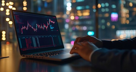 Wall Mural - Capture a professional image of a businessman using a laptop in a sleek office, with a large display in the background showing a market graph with a downward trend. Leave ample copy space for various