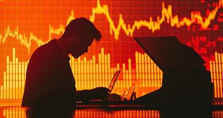Wall Mural - Create an image of a businessman at a desk with a laptop, set against a backdrop of a graph displaying market decline. Ensure the image has sufficient copy space for text and additional elements.