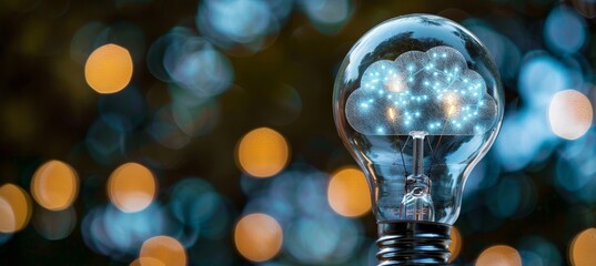 Canvas Print - Innovation, Technology Concept Cloud Shape Glowing Inside Light Bulb, Blurry Bokeh Background