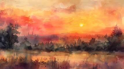 Canvas Print - Sunset over a Forest Landscape.