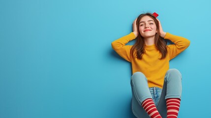 Photo of cute dreamy pretty cheerful girl wear trendy clothes long socks look empty space isolated on blue color background