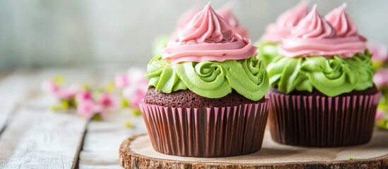 Poster - Green cakes with matcha flavored chocolate and pink frosting on a light wooden background Selective focus Copy space