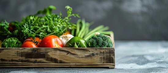 Aufkleber - Background featuring a variety of green vegetables and an aged wooden tray on a light gray stone tabletop Healthy food theme with copy space