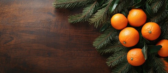 Leinwandbilder - Fir branches and tangerines on a wooden surface Christmas and New Year theme Space for text. with copy space image. Place for adding text or design