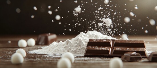 Aufkleber - Sugar powder and sugar balls along with a Belgian dark chocolate bar. with copy space image. Place for adding text or design