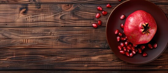 Leinwandbilder - Succulent pomegranate with seeds on a plate atop a dark wooden table from a top view copyspace
