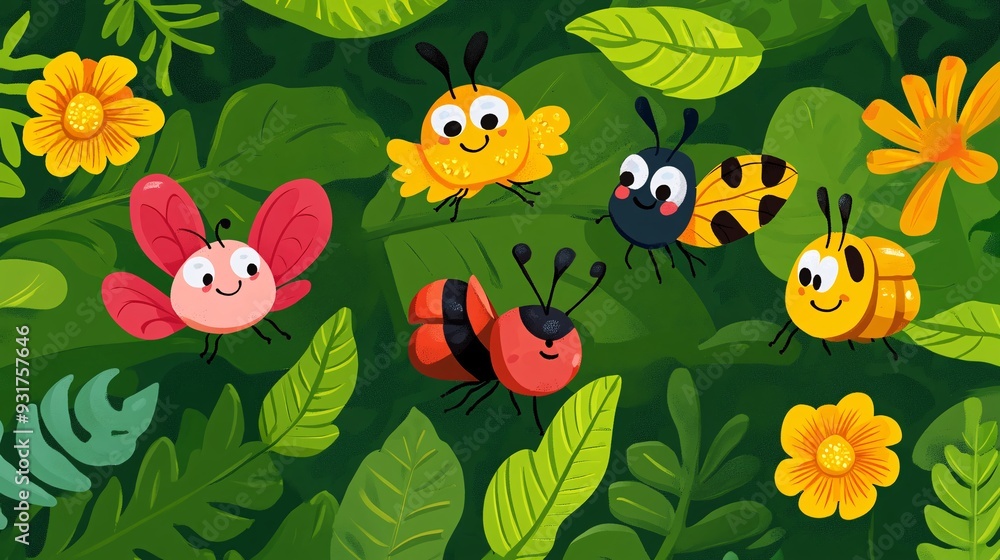 Cute cartoon insects with flowers and leaves Stock Illustration | Adobe ...