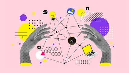 Wall Mural - banner collage of human hands manage daily. handling halftone effect with doodles on pink background