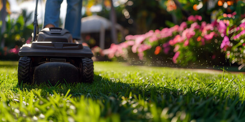 A person trimming a lush green lawn modern lawnmowe, with neatly trimmed grass in the background and vibrant flowers bordering the yard.