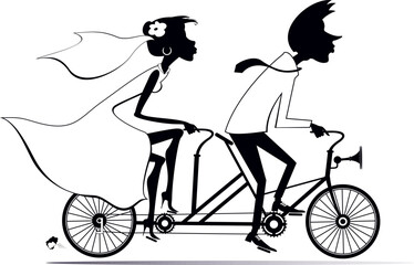 Poster - Heterosexual married wedding couple rides on a tandem bike. 
Happy man and woman in the white dress and bridal goes marriage on the tandem bike. Black and white
