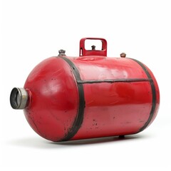 A red, cylindrical pressure tank with a handle and a gauge. The tank is made of metal and has a worn, industrial look.