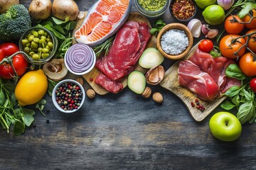 Wall Mural - An array of raw seafood, meat, vegetables, and seasonings on a wooden table, presenting a colorful and nutritious selection for meal prep.