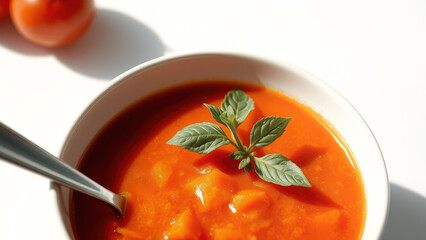 Poster - Closeup of a bowl of tomato soup with a sprig of mint