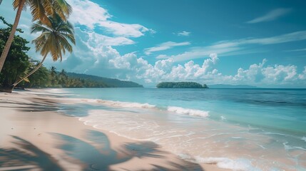 Summer beach landscape Tropical island paradise Exotic coast palm trees pristine sea blue happy sky Amazing nature pattern Exotic destination travel background vacation mood perfect wa : Generative AI