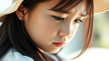 Canvas Print - Close-up Portrait of a Young Girl with a Straw Hat