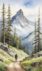 Adventure journeying through mountainous watercolor scene. Nature-focused content. AI Illustration.