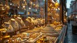 © Generative AI - A gold shop windows at istanbul grand bazar or Kapali Carsi Turkey Jewelry in the store window A lot of luxury jewelry in the oriental market Concept of shopping in Middle East : Generative AI