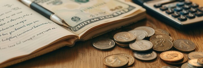 Aufkleber - A stack of cash and coins lies beside an open notebook filled with detailed financial calculations and notes on a wooden surface. Generative AI