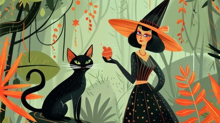 Cute witch and black cat celebrating Halloween in a vibrant forest