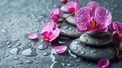 Composition with spa stones orchid pink flower on grey background Spa concept : Generative AI