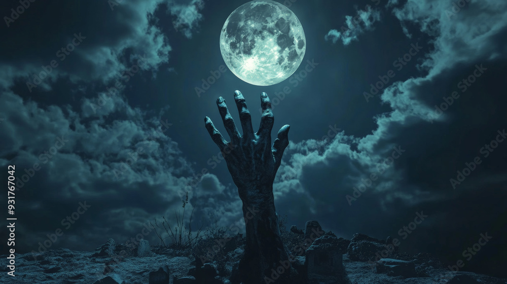 Horror Hands Rising Zombie hand rising from the grave, full moon night sky with clouds ...