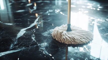 Wall Mural - A close-up of a mop gliding across a polished marble floor, with reflections and water droplets, under a bright light.