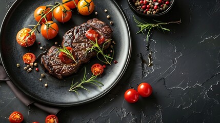 meal meat food fine cuisine beef elegant black modern restaurant table top view decoration chef gourmet dinner tasty delicious diet : Generative AI