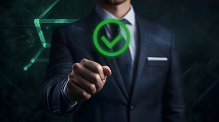 Businessman with green compliance tick symbol for certification and audit concept