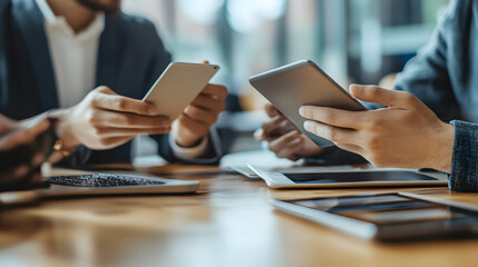 Canvas Print - Businesspeople using a mobile device to make an online payment using an icon application.