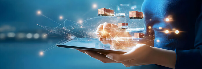 Businesswoman hand using Digital tablet computer of global logistics network distribution and transportation Ui, Smart logistics, Innovation future of transport on blue background.