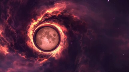 Wall Mural - A surreal image of the moon surrounded by a fiery vortex, set against the backdrop of deep space. Seamless loop video background