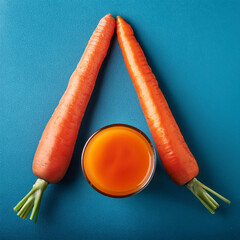 Wall Mural - Carrots in the form of the letter A with a glass of carrot juice on a blue backdrop, rich in vitamin A. Idea.