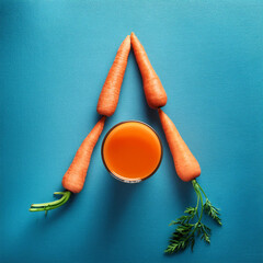 Wall Mural - Carrots in the form of the letter A with a glass of carrot juice on a blue backdrop, rich in vitamin A. Idea.