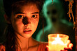 © PixelGallery - Creepy Halloween Night: Frightened Girl with Candle and Ghost. A Halloween image featuring a terrified young girl holding a candle, with an eerie ghostly figure appearing behind her.
