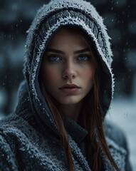 portrait of a woman 
in the hood in winter