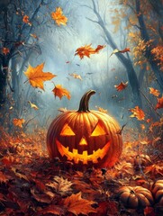 Wall Mural - 3D Halloween wallpaper with fall leaves and pumpkins.