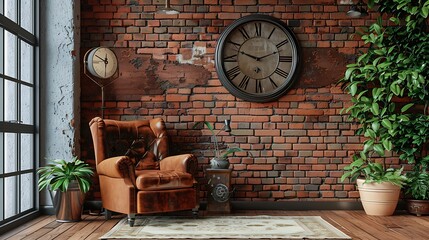 Fototapete - Room wall concept brick and classic style clock armchair lamp and green plant botanic interior decor brown parquet and carpet : Generative AI