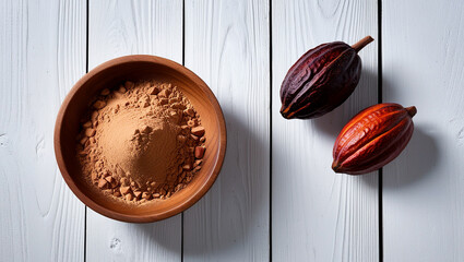 Bowl of cocoa fruit and cocoa powder on wooden table, Cocoa powder in a brown wooden bowl, Cocoa powder and fruit background