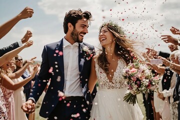 Newlywed couple walking happily while friends and family throwing confetti on couple at the wedding ceremony in front of the church