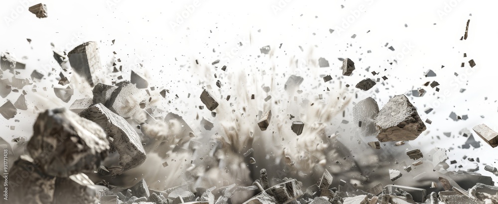 Falling stone. Pieces of cliff or soil splash on white background ...
