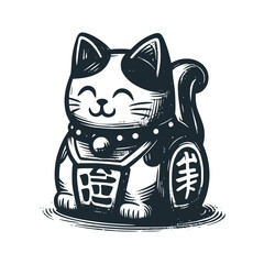 Sticker - The cat toy. Maneki neko. Black white vector logo illustration.